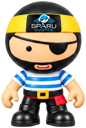 Sparu, la mascotte pirate en marinière, debout