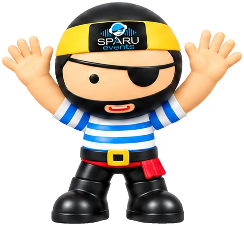 Sparu, la mascotte pirate corse, les bras levés